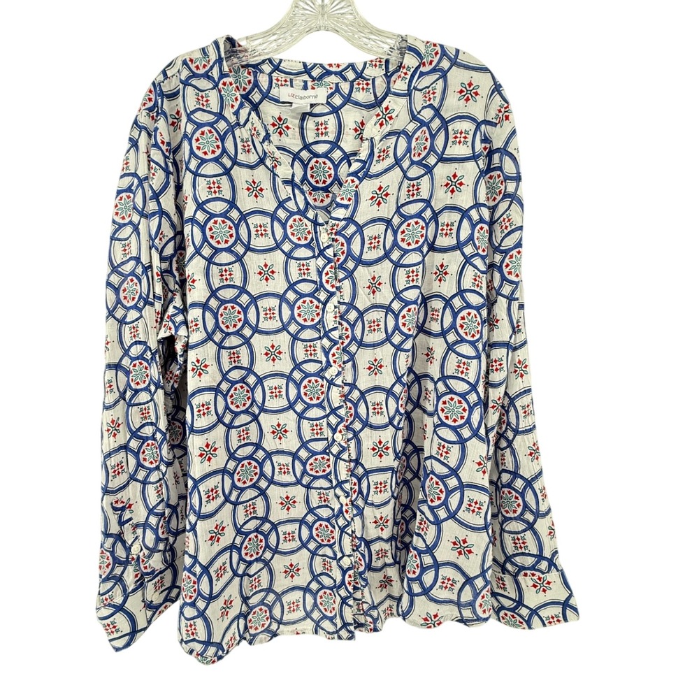 Liz Claiborne Womens XXL Blue Red Geometric Medallion Cotton Button Down Blouse